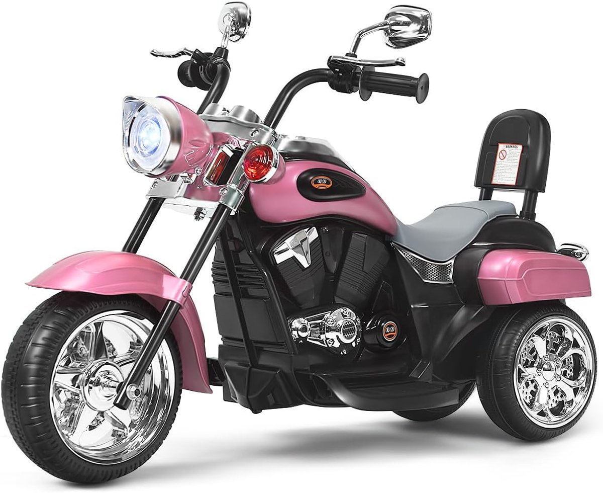 COSTWAY Elektrische motorfiets voor kinderen, 6 V, met verstelbare koplamp, driewieler, claxon, achteruitkijkspiegel, pedalen, snelheid 2,5 - 3 km/u