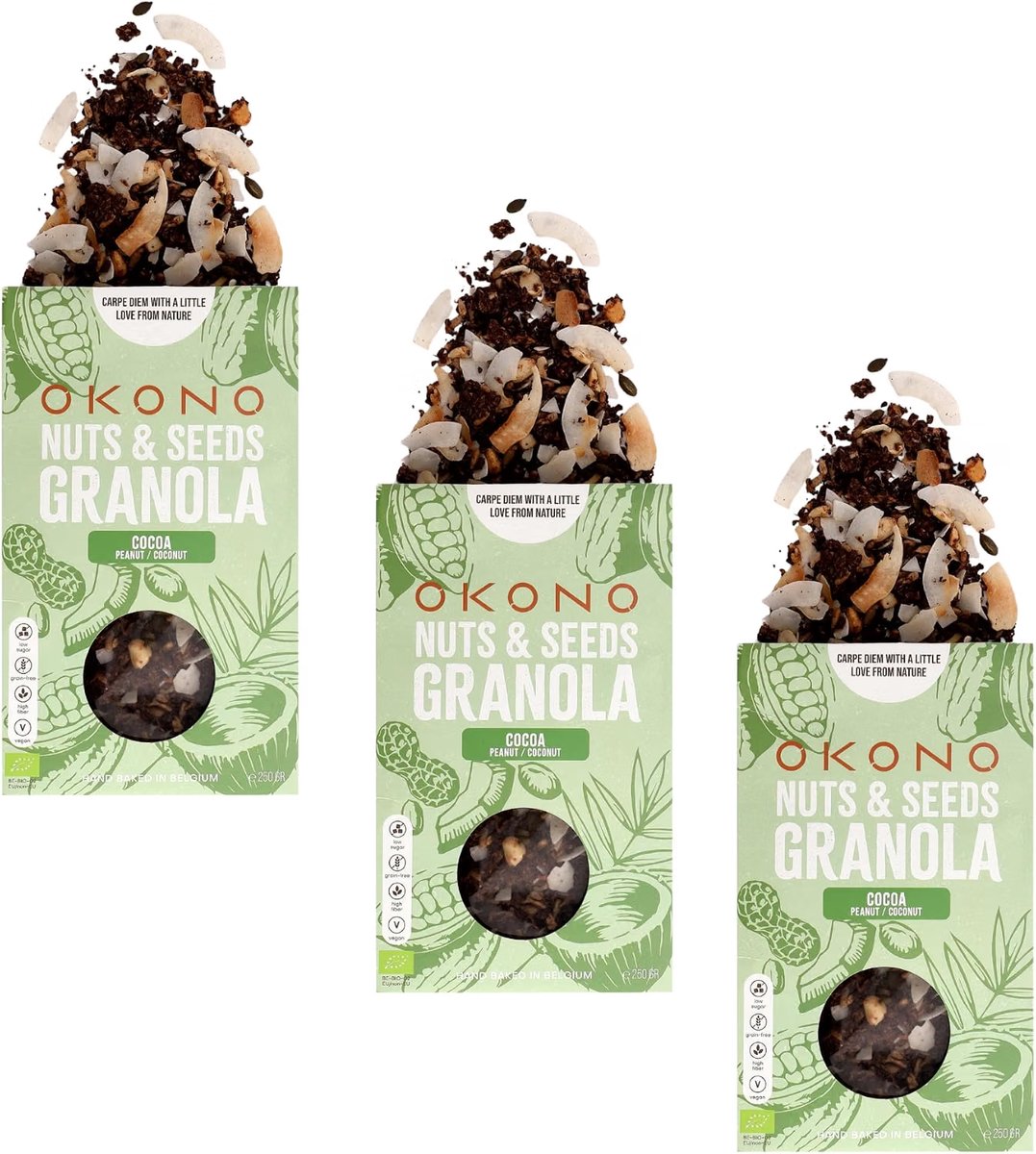 OKONO Organic Nuts & Seeds Granola Cocoa 3 x 250 g - Biologische Keto Granola met Cacao - Zonder Toegevoegde Suikers - Glutenvrij en Vegan
