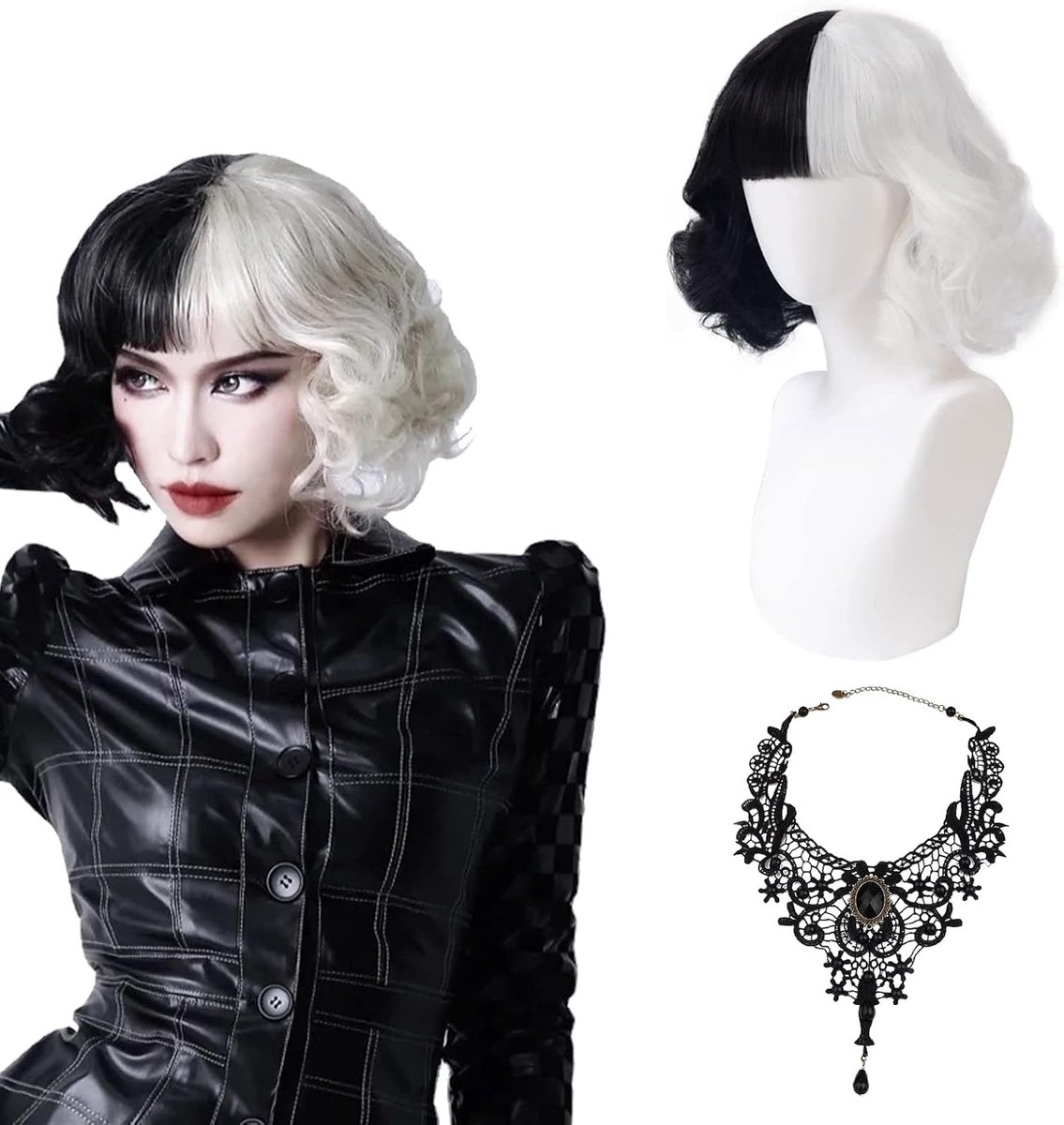 Zwart-witte pruik voor vrouwen, perfecte keuze voor Halloween, carnaval en feestelijke cosplay kostuums. Inclusief een halsketting, oogmasker en pruiknet.