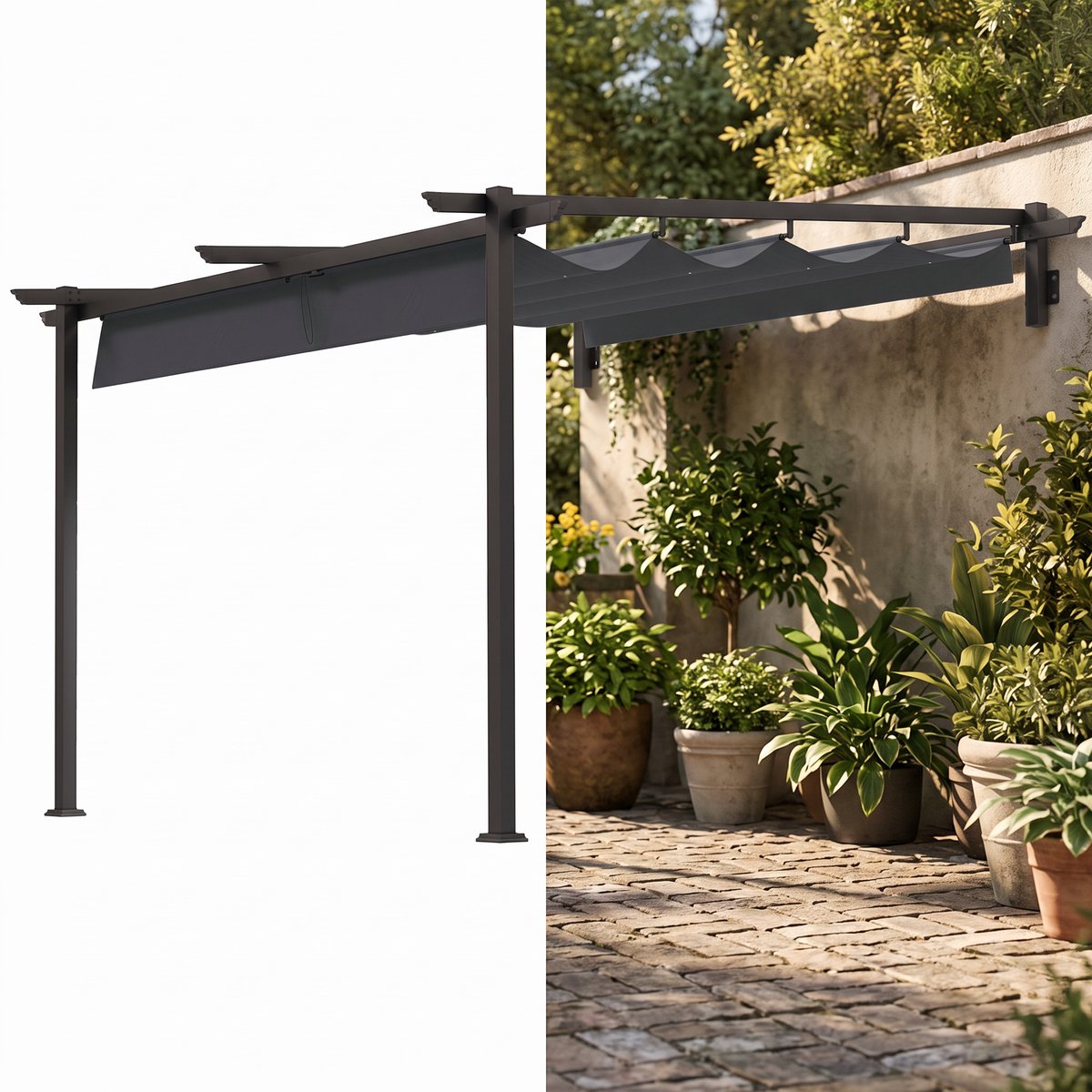 Pergola - Prieel - Paviljoen - Terras - Weerbestendig - Metalen Frame - Met zonwering - Donkergrijs