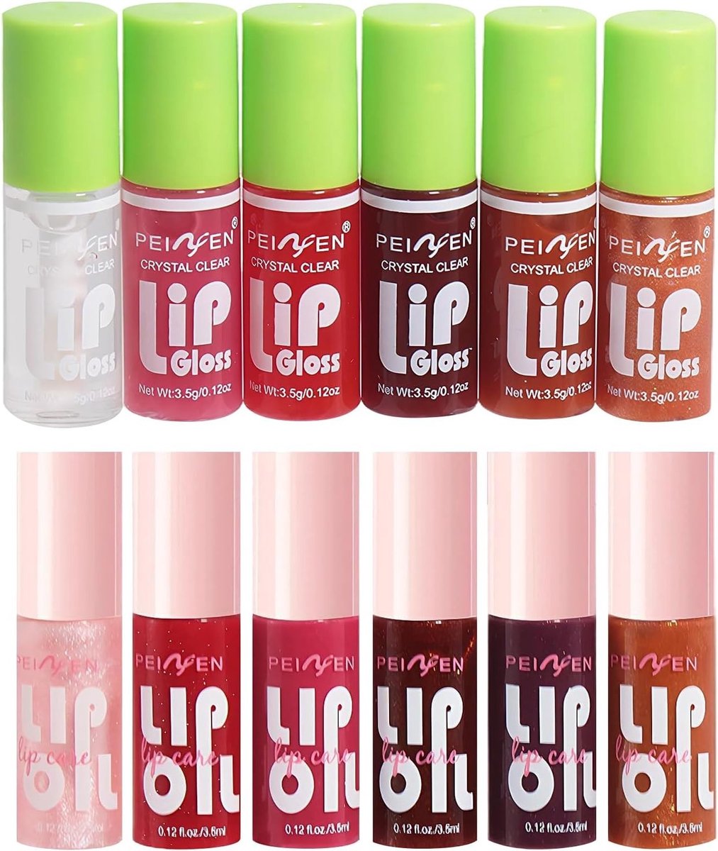 Set van 12 lipgloss oliën met langdurige glans, hydraterende formule en zijdezachte textuur