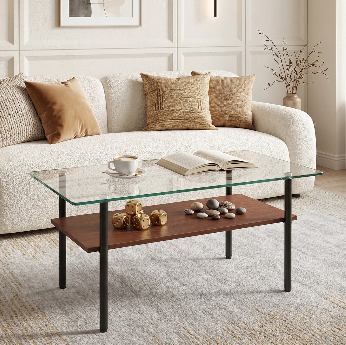MODENUIT Salontafel - Glazen Blad Met MDF Opbergplank - Voor Woonkamer - Zwart Bruin - 97,7x57,7x45 Cm