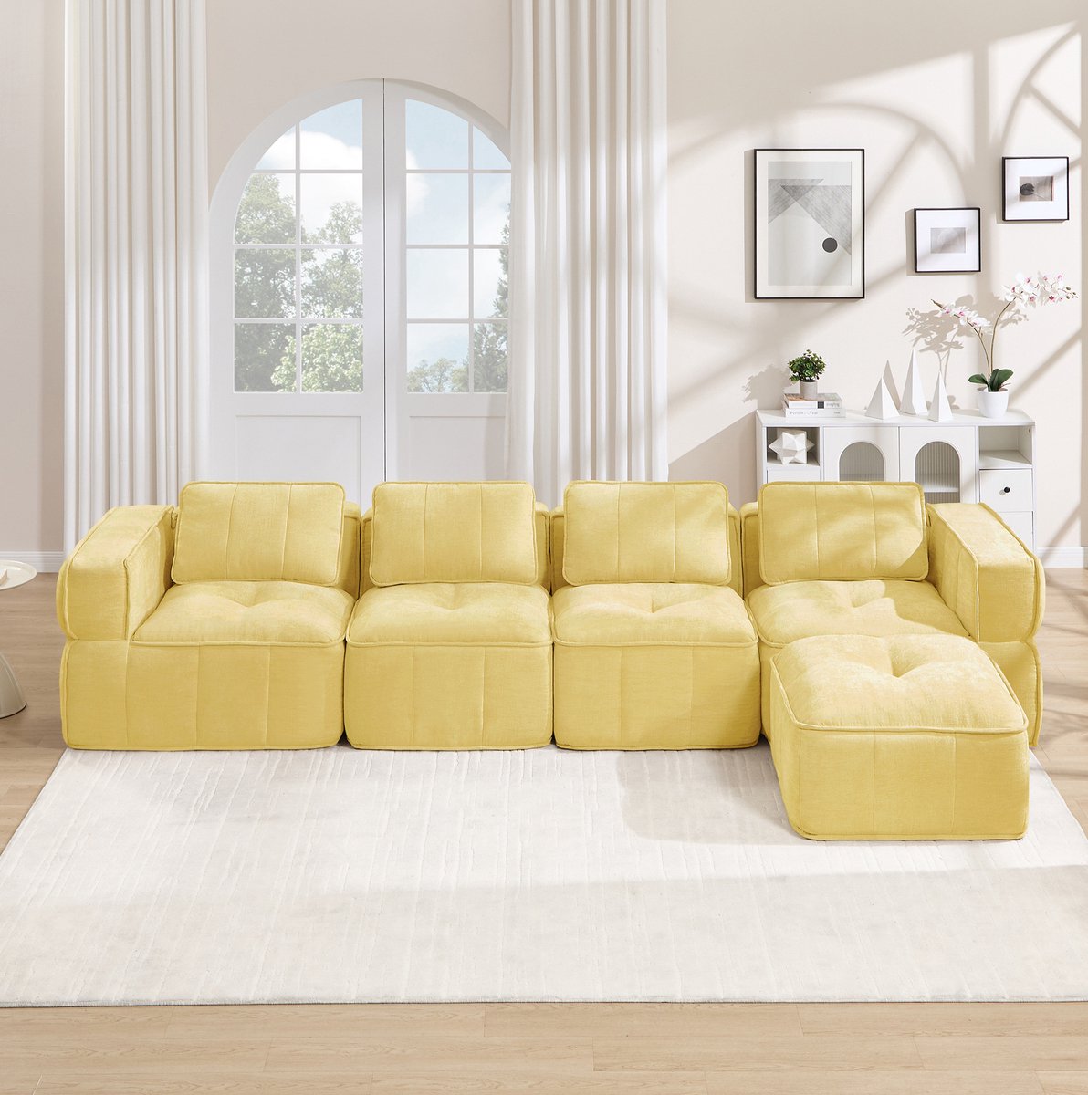 Wishdor Hoekbank 4-zits - Modulair l-vormig met hocker - Breed zitcomfort en zachte polyester bekleding - Voor woonkamer en ontspanning - Geel - 344 x 162 x 67 cm