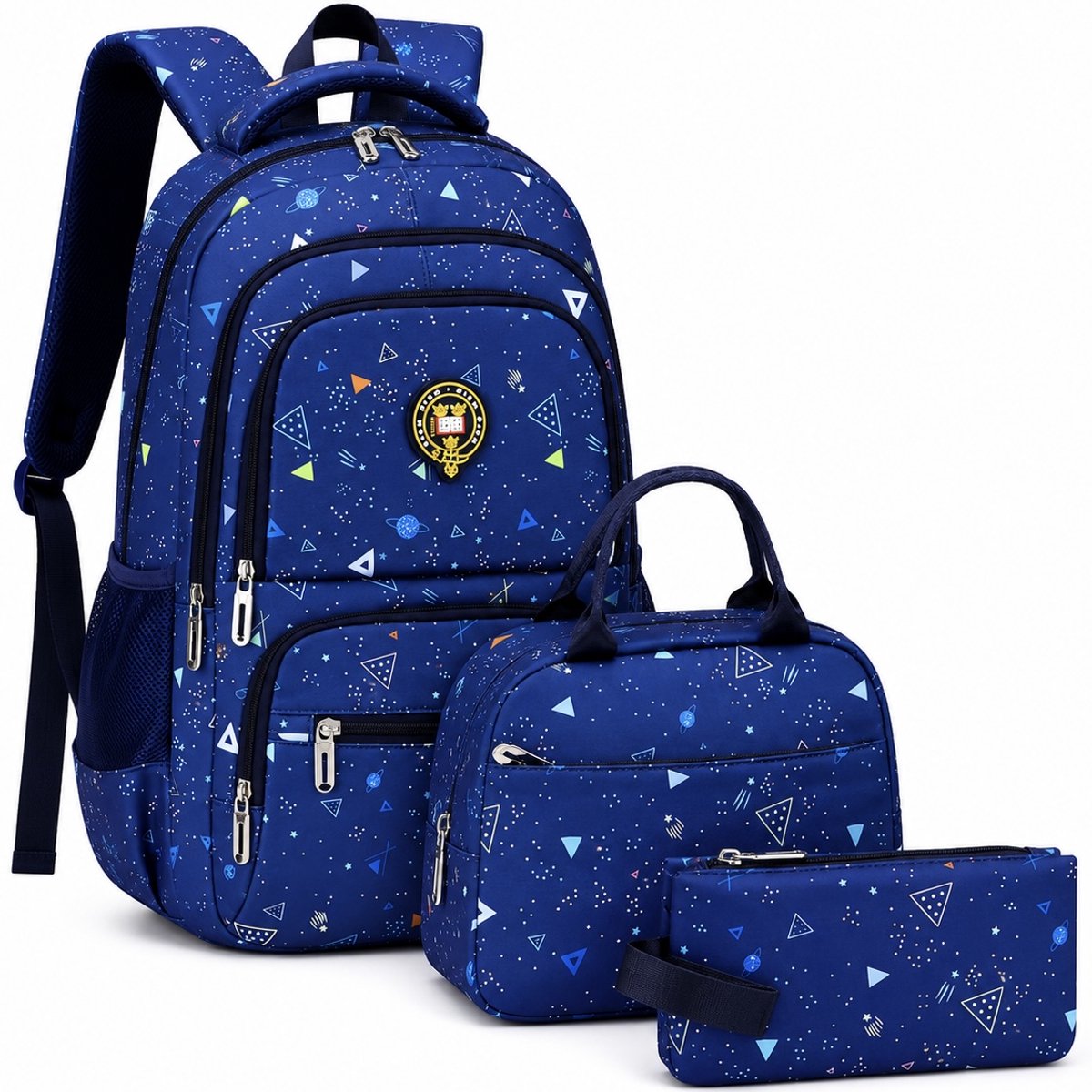 Ultiluxe® Rugzak, lunchtas en etui - Schoolrugzak voor kinderen - Stoere school rugtas voor jongens - 43 x 30 x 20 cm - School tassen set - Verstelbare schouderbanden - 26L - Schooltas met print - 3 stuks - Blauw