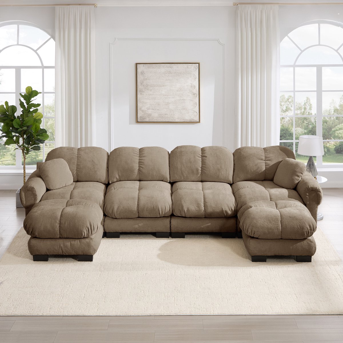 Wishdor U-bank - 4-zits modulair - Chenille met gestikt patroon - Zacht en ondersteunend - Woonkamer gezin ontspanning - Bruin - 330 x 149 x 90 cm