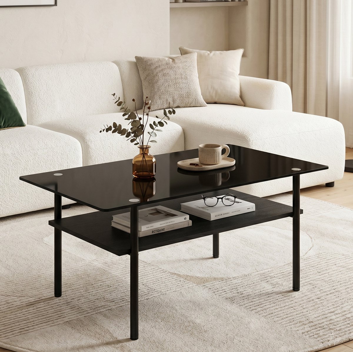 MODENUIT Salontafel - 2 Niveaus Met Glasblad En MDF Legplank - Voor Woonkamer - Zwart - 98x58x45 Cm