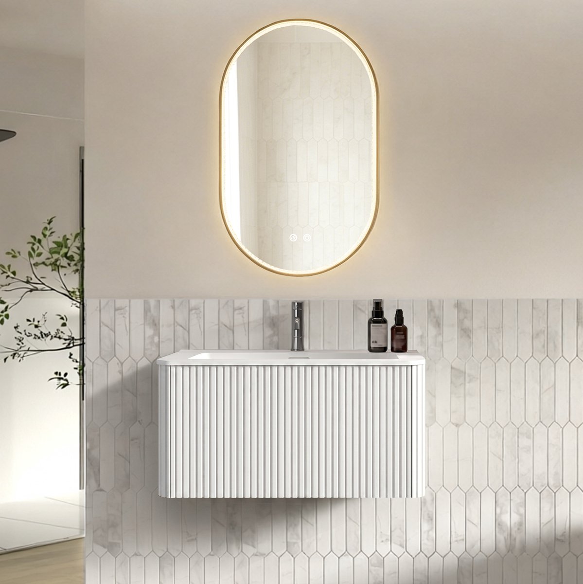 MIVRAY Badmeubelset Met Spiegel - Zwevend Wastafelmeubel Met Led En Antikalk - Voor Kleine Badkamer - Wit - 50 X 80 Cm