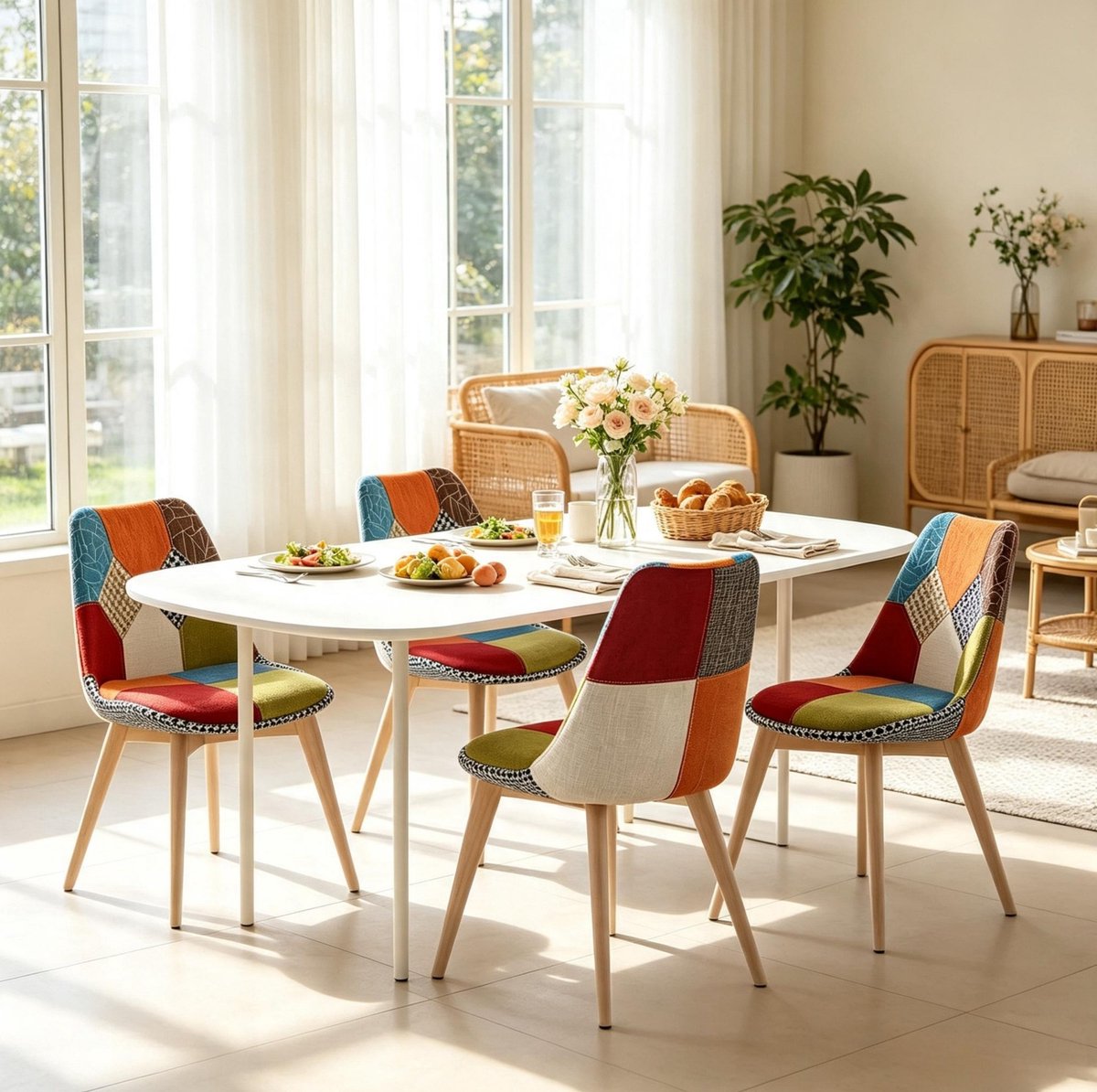 DESMIU Eetkamerstoel Set Van 4 - Multicolor Patchwork Gestoffeerde Zitting Met Houten Poten - Voor Eetkamer En Keuken - Stof