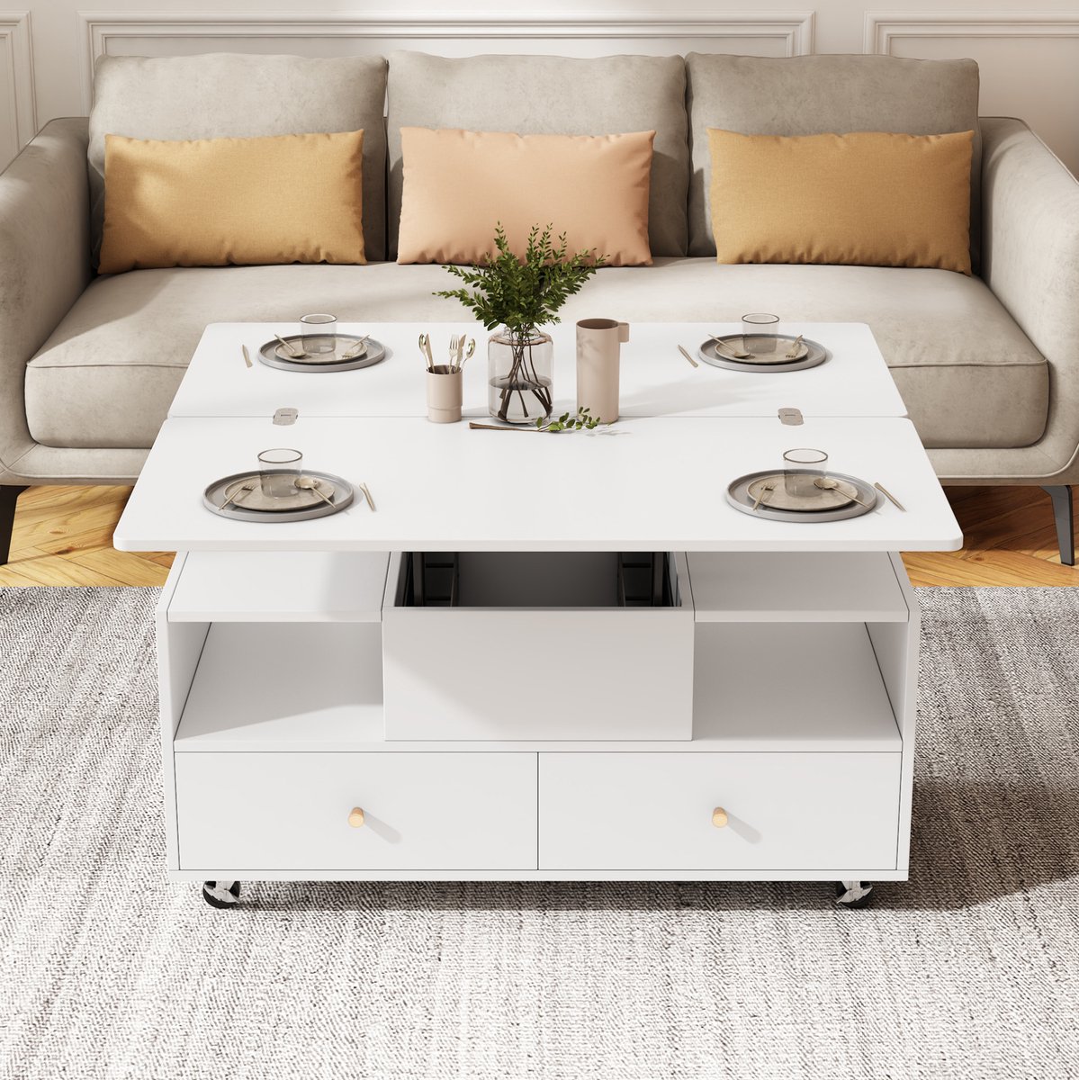 MODFU - Salontafel - Hoogteverstelbaar En Opklapbaar - 4 Lades - Wieltjes - MDF - Wit