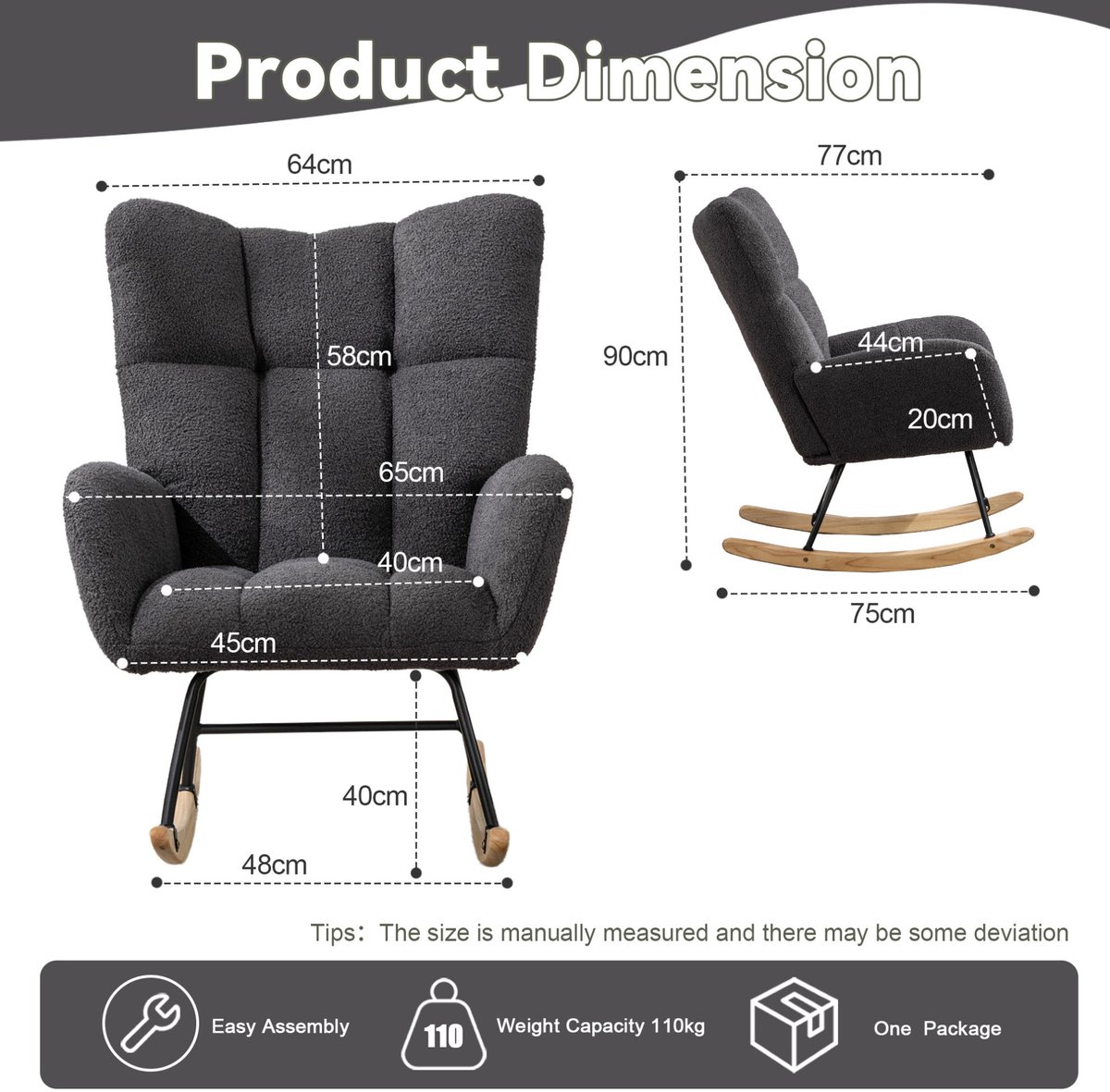 REDOM - Schommelstoel fauteuil - Teddy stof - Houten en metalen frame - Armleuningen - Ergonomisch - Woonkamer en kinderkamer - Grijs - 64 x 77 x 90 cm