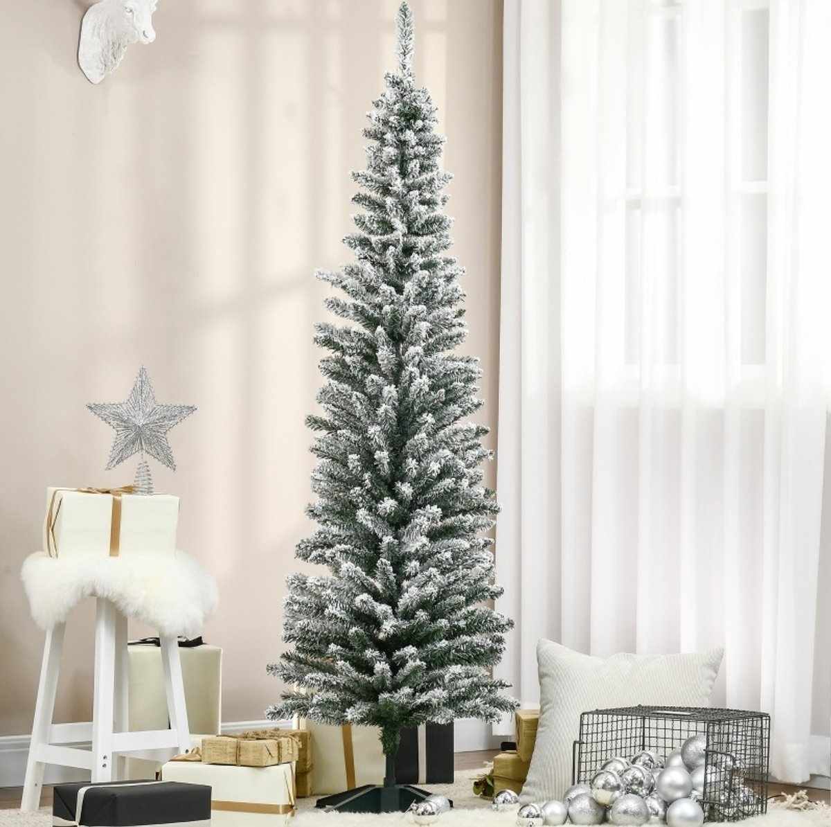 MODFU-Kunstkerstboom-180 Cm-Besneeuwd-Pvc-Metalen Standaard-Wit Groen