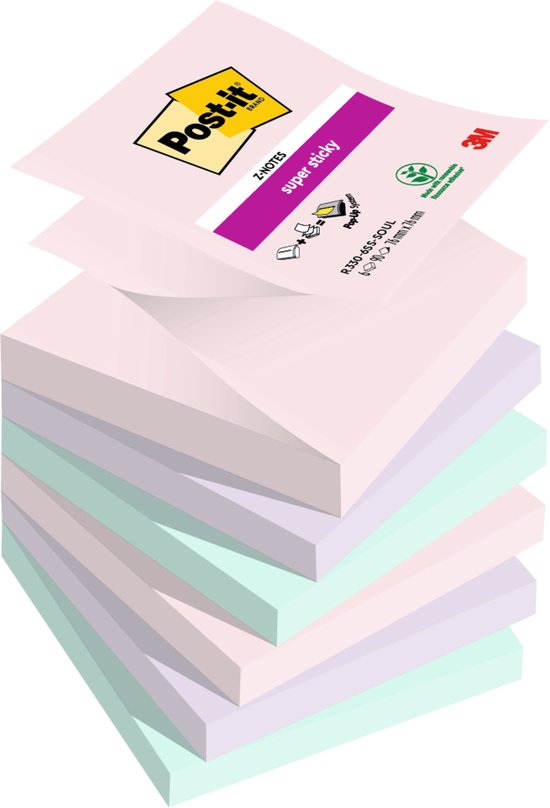 Stapel Post-it Z-notes met de tekst 'super sticky' in paars, roze en lichtgroen.