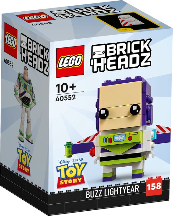 LEGO BrickHeadz verpakking met Buzz Lightyear, Toy Story logo en staande figuur.