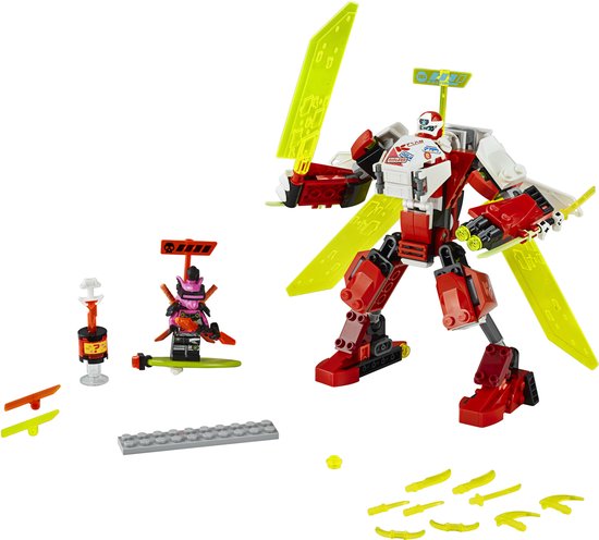 LEGO Ninjago bouwset inclusief rode Mech Jet, Richie op hoverboard, Digi Kai en gele zwaardaccessoires.