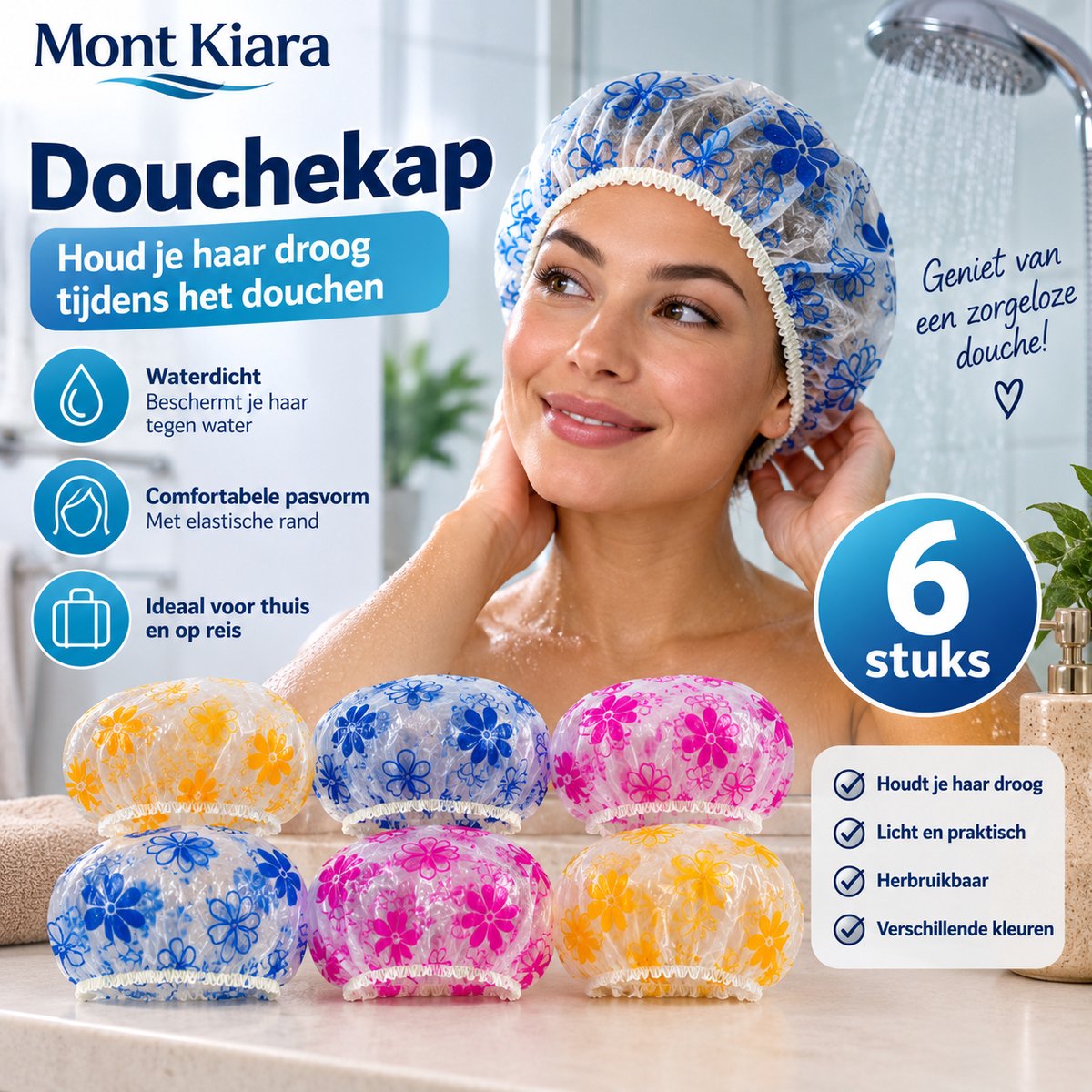 Mont Kiara Douchekap – 6 Stuks – Waterdichte Douchemuts met Bloemenprint – Elastische Haarbescherming – Herbruikbaar – Verschillende Kleuren