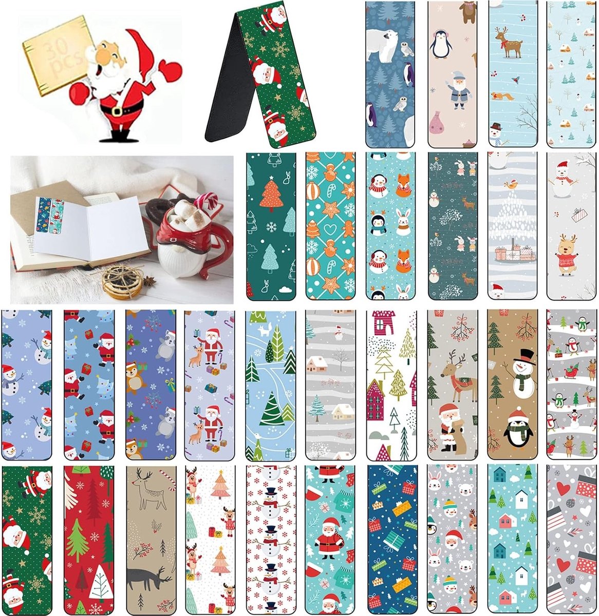 Kleurrijke Magnetische Boekenleggers met Kerstthema - 30 Stuks met Santa Claus, Sneeuwman en Rendier Patroon voor Boekenliefhebbers