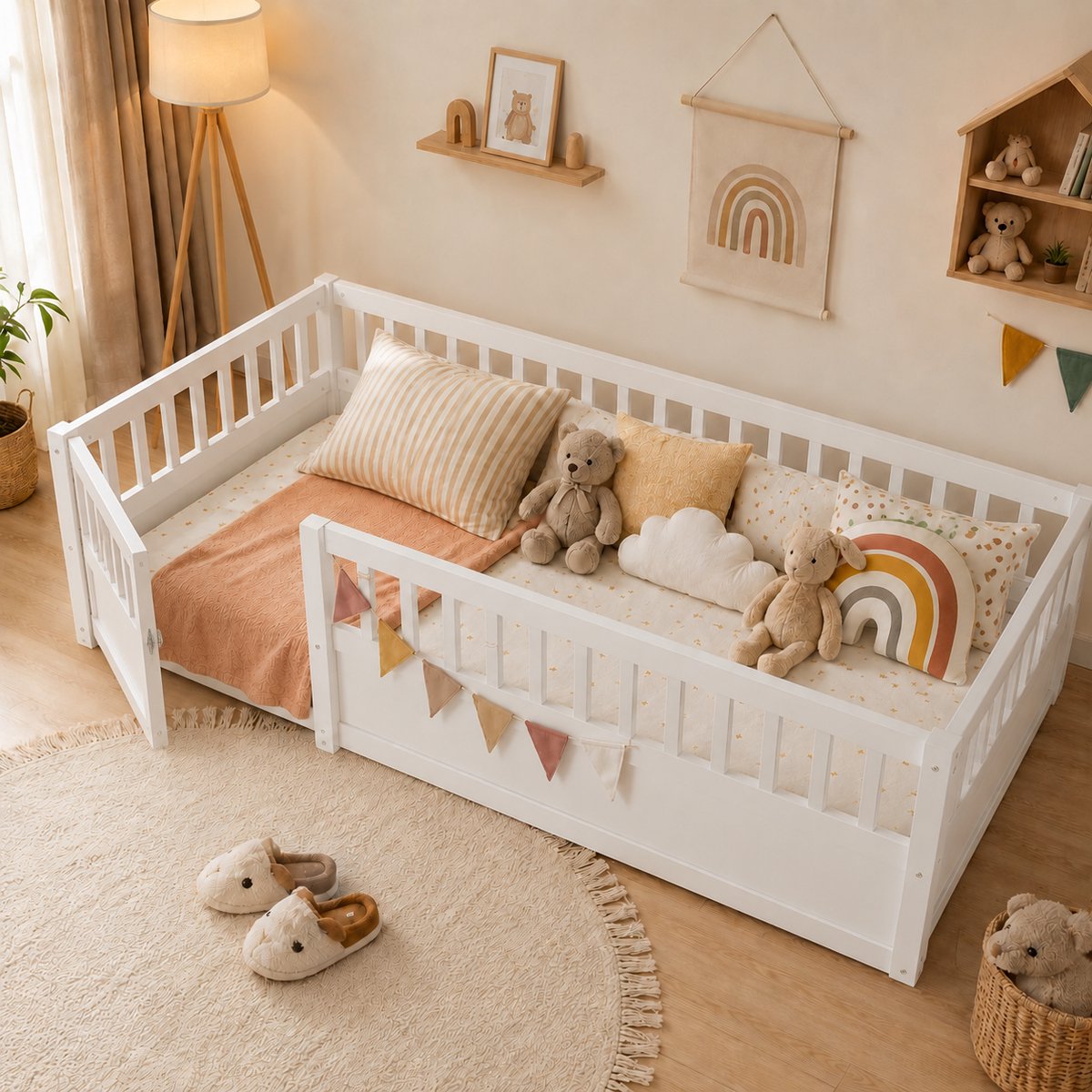 Welltin Kinderbed 90x190 cm - Eenpersoonsbed - Vloerbed - Grondbed - Dennenhout - Met veiligheidsleuning - Snel Gemonteerd - Wit