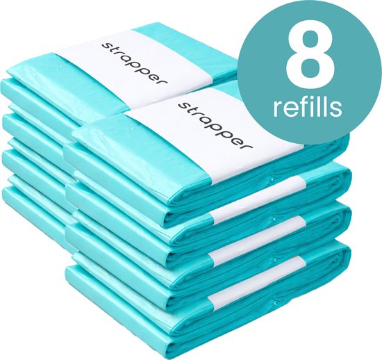 Pile de 8 rouleaux de recharges turquoise pour poubelle à couches avec logo 'strapper'.