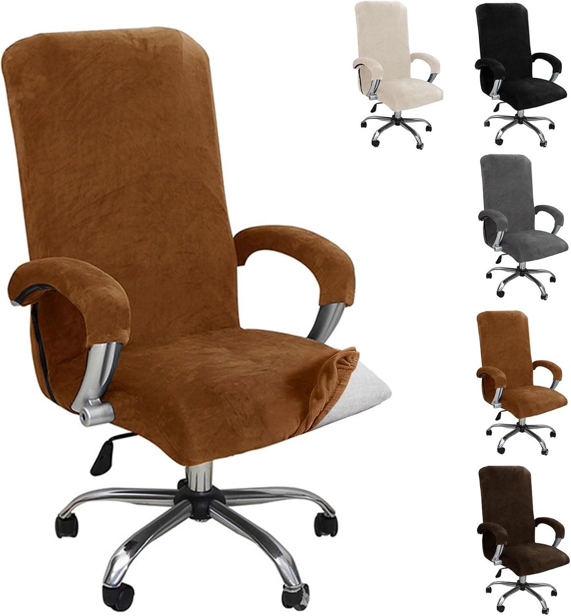 Elastische Velours Stoelhoes voor Gaming- en Bureaustoelen, Verstelbare Armleuningen, Machinewasbaar, Lichtbruin