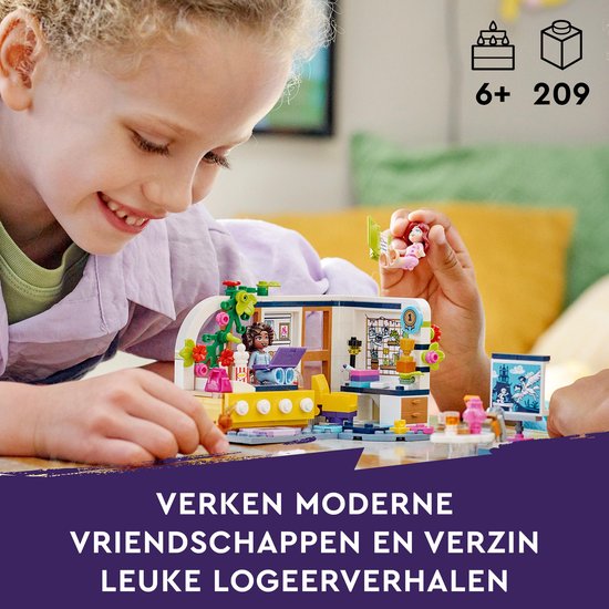 Een meisje met LEGO Friends Aliya's kamer. Speelkamer met minipoppetjes, hondje en accessoires. Tekst: Verken moderne vriendschappen en verzin leuke logeeravonturen.