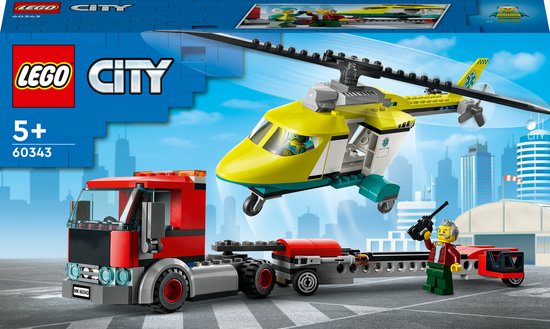 LEGO® City Reddingshelikopter transport 60343 bouwset voor kinderen vanaf 5 jaar; met een speelgoedvrachtwagen met aanhanger voor een helikopter, plus minifiguren van een chauffeur en een piloot (215 onderdelen)