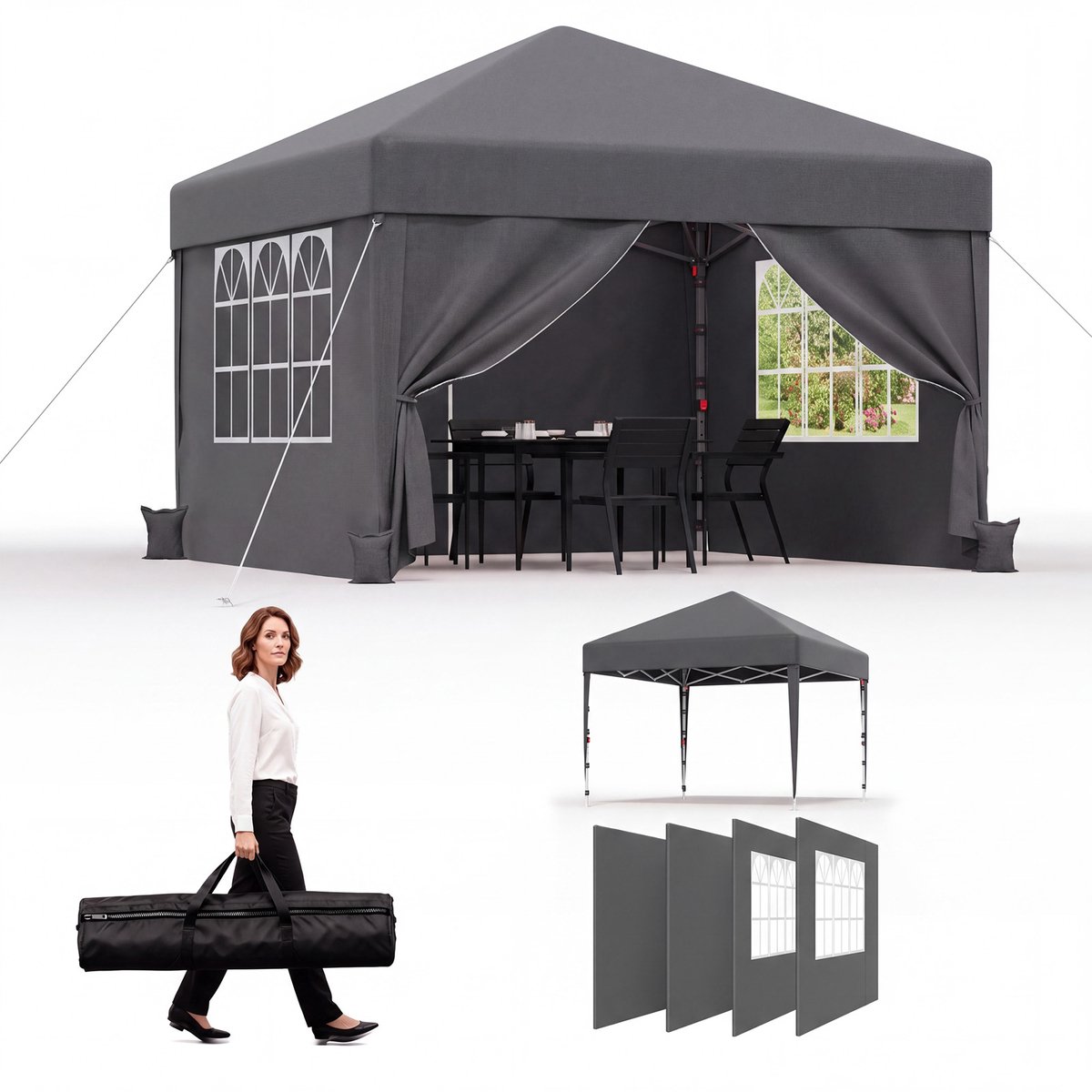 Partytent-Opvouwbaar Tuinpaviljoen 3x3 m met Zijwanden–30 seconden pop-up opzet-Waterdicht & UV-bestendig–opbergtas–Grijs