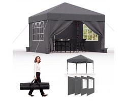 Partytent-Opvouwbaar Tuinpaviljoen 3x3 m met Zijwanden–30 seconden pop-up opzet-Waterdicht & UV-bestendig–opbergtas–Grijs