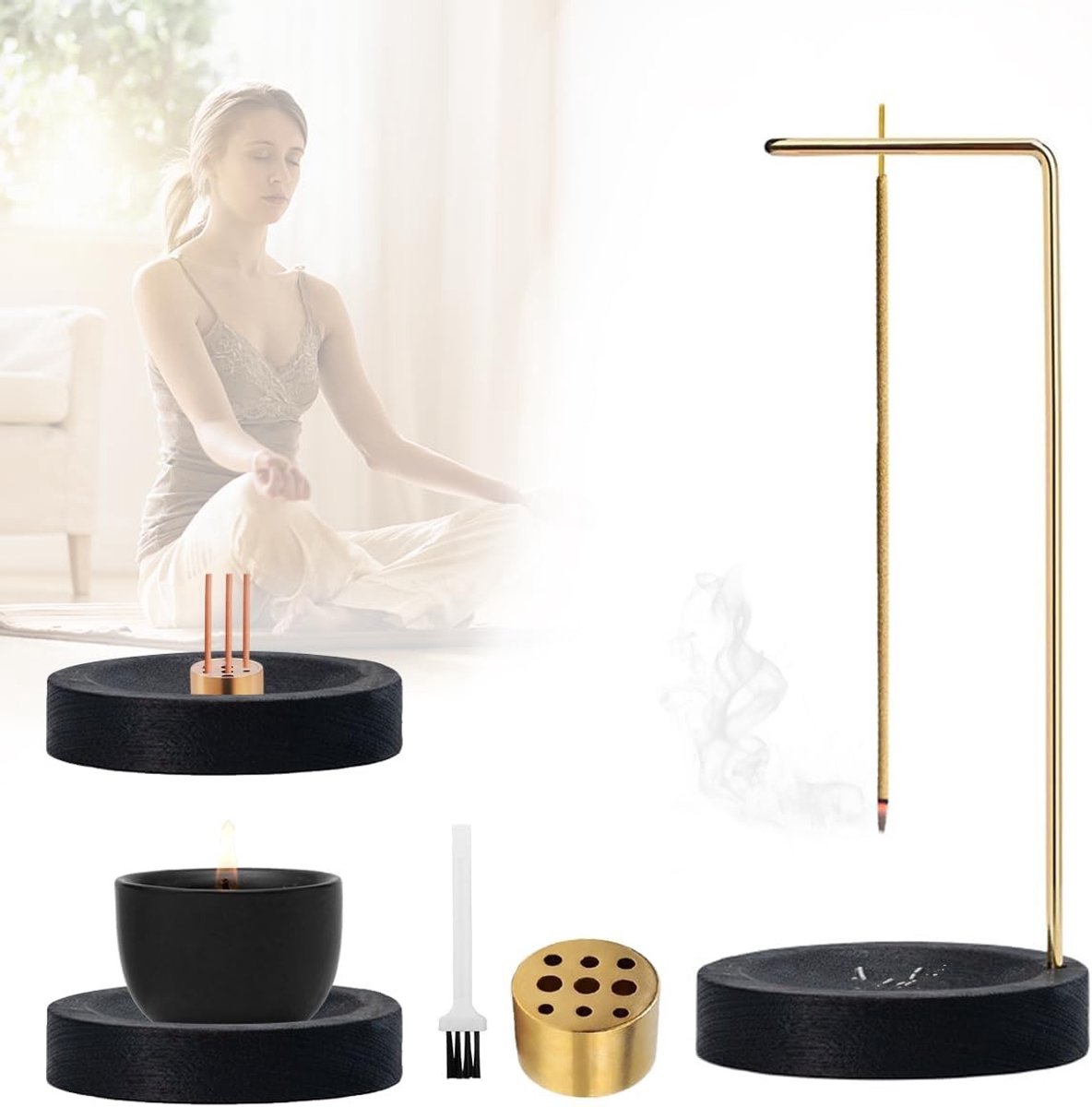 Handgemaakt 3-in-1 Wierookhouder met 9 Gaten, Houten Basis voor Aromatherapie en Ontspanning