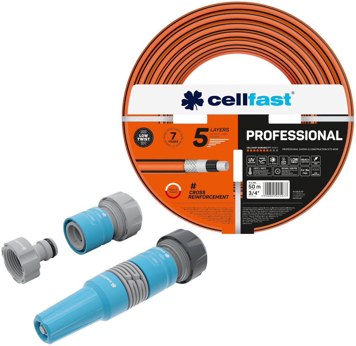 Cellfast-tuinslang, PROFESSIONAL 3/4" 50 m + Set met rechte sproeier 3/4" IDEAL