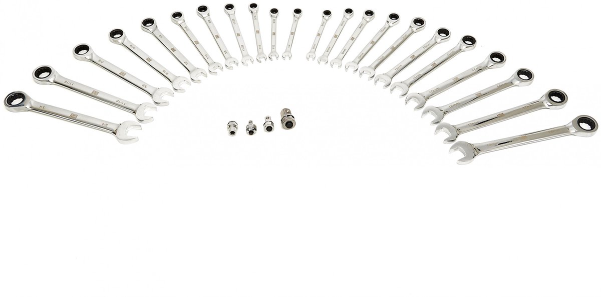 HBM 23-delige professionele ringsleutel-, steeksleutel- en ratelsleutelset metrisch en inch met 4 adapters