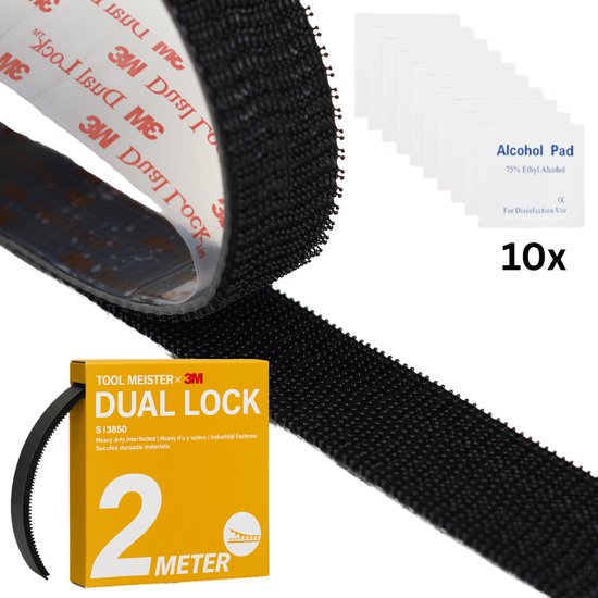 Zwarte 3M Dual Lock zelfklevende tape, 2 meter. Inclusief 10 alcoholdoekjes.
