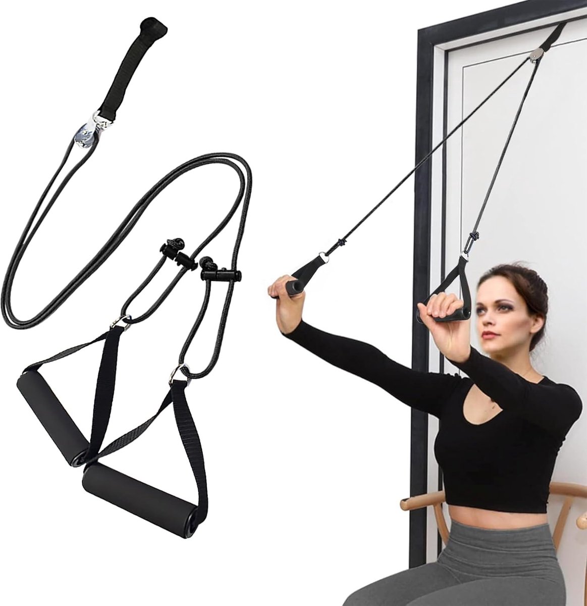 Schouderkatrol - Schoudertrainer - Suspensionstrainer - Schouderkabel - Deurkatrolrevalidatietrainer - Eenvoudig te installeren - Direct klaar voor gebruik - Voor frozen shoulder en handfysiotherapie - Verlicht schouderpijn - Zwart