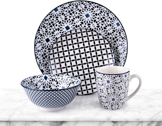 Dienblad, schaal en mok met blauw-wit geometrisch patroon.