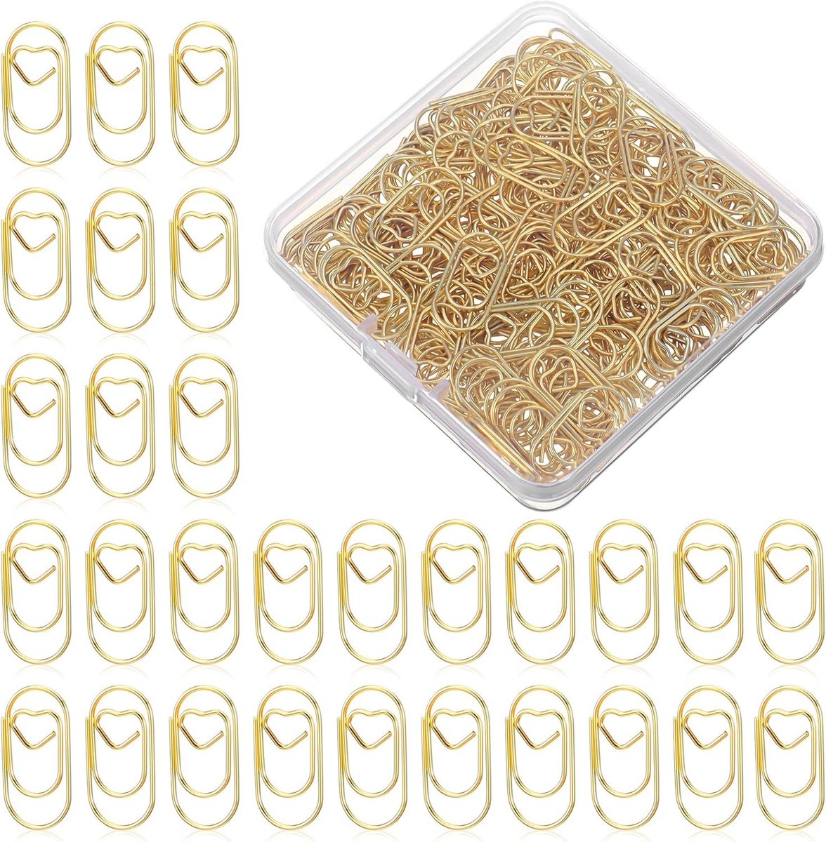 200 Stuks Hartvormige Paperclips in Transparante Doos - Metalen Documentclips voor Kantoor, School en Bruiloft (Goud)