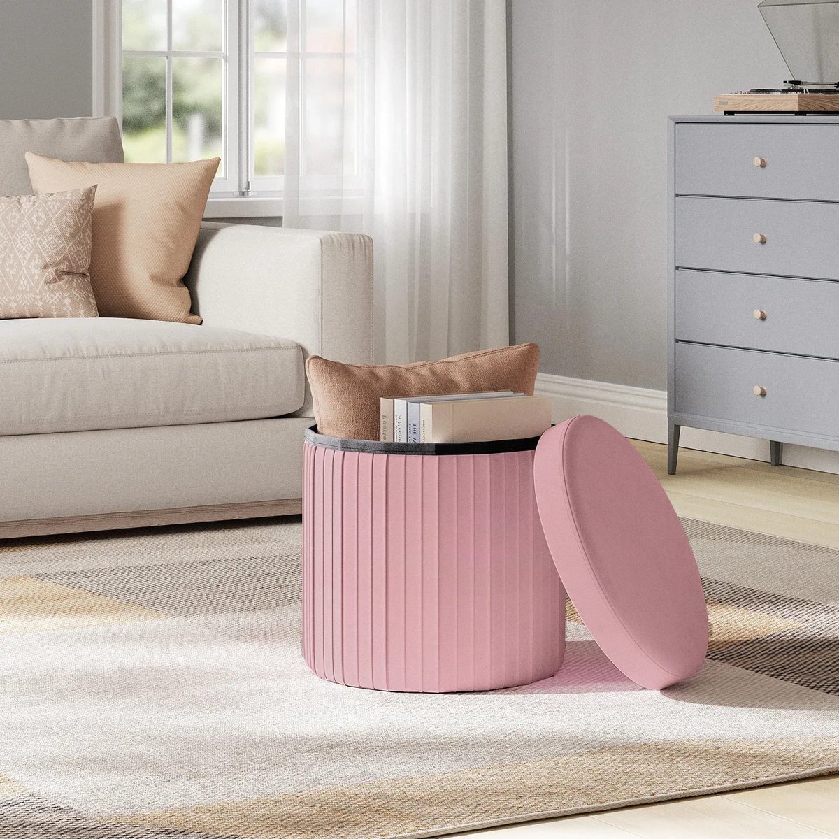 Klarven® Opbergpouf Roze 38tx38bx36hcm - Opvouwbaar, zacht velours, ruime opbergruimte - B 38 x D 38 x H 36 cm