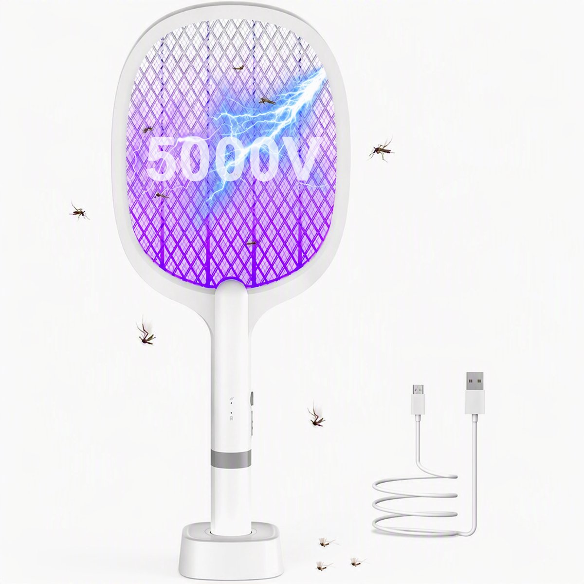ECTEATOY® Elektrische Vliegenmeppers 5000V - Oplaadbaar & 2 in 1USB - Geschikt voor Binnen en Buiten - 1800mAh Batterij - UV Lichtval - Wit