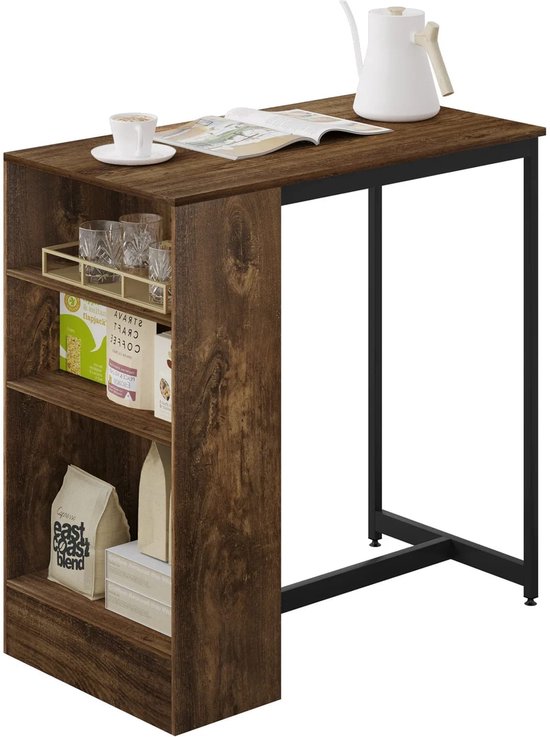 Bartafel met aan de zijkant ingebouwde opbergplanken, met servies, koffie en een waterkoker.
