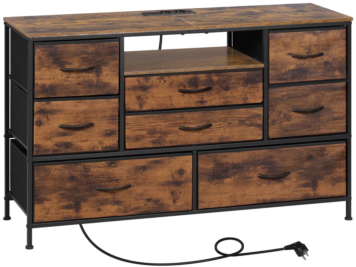Klarven® Ladekast Bruin - Ladekasten Slaapkamer - Ladekasten - Chest Of Drawers - 8 Stoffen Laden, Ingebouwde USB en Stopcontacten, LED-verlichting met Afstandsbediening - B120xh75xd36cm
