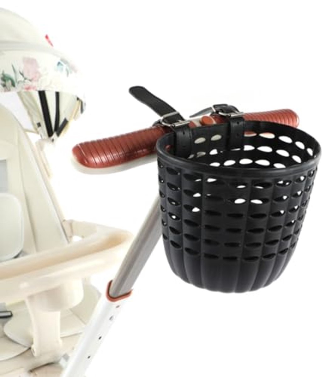 Fietsmand - Kinderfietsmand - Voorste Fietsmand - Lichtgewicht PP Opbergmand met Leren Riemen - Voor Kinderfietsen en Dagelijks Gebruik - 17,5 x 13,5 x 15 cm - Zwart