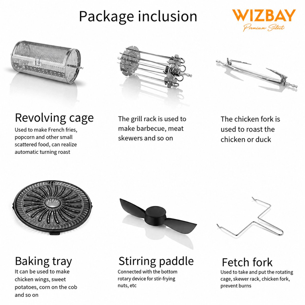 WizBay Premium Select® 8L Visual Airfryer met Glazen Inkijk – 2200W – Rotisserie – 8 Satéspiesen – Draaispit Kip – Roterend Mandje – Roerpeddel – Bakplaat – 80-230°C thumbnail 4