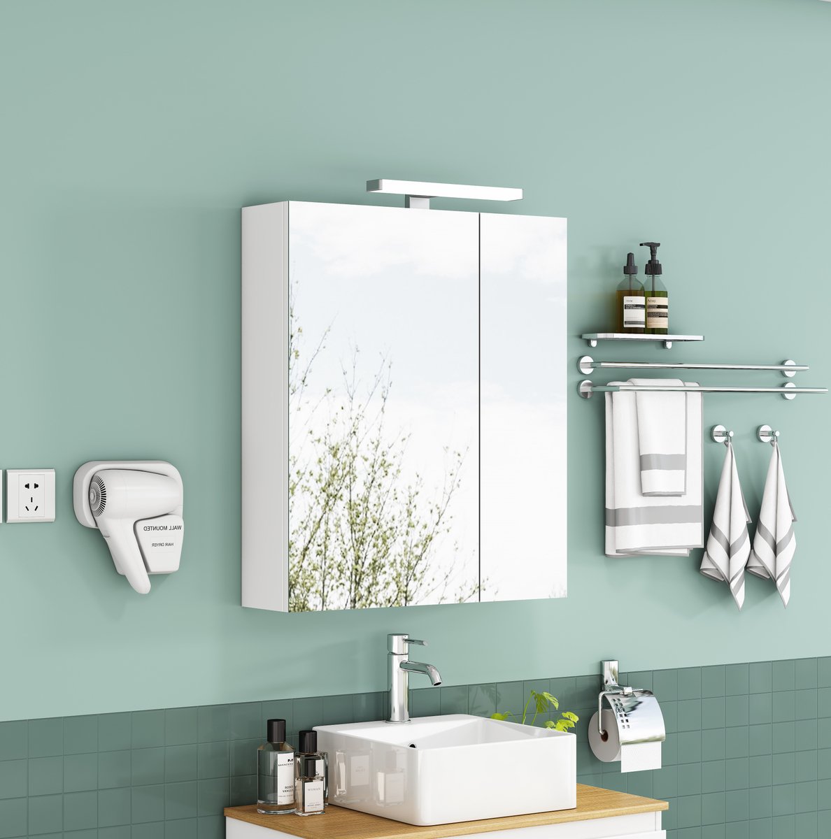 STILVORA Spiegelkast - Wandgemonteerd Met Asymmetrische Deuren, Ledverlichting En Stopcontact - Voor Badkamer - Mdf En Glas - Wit - 60 Cm