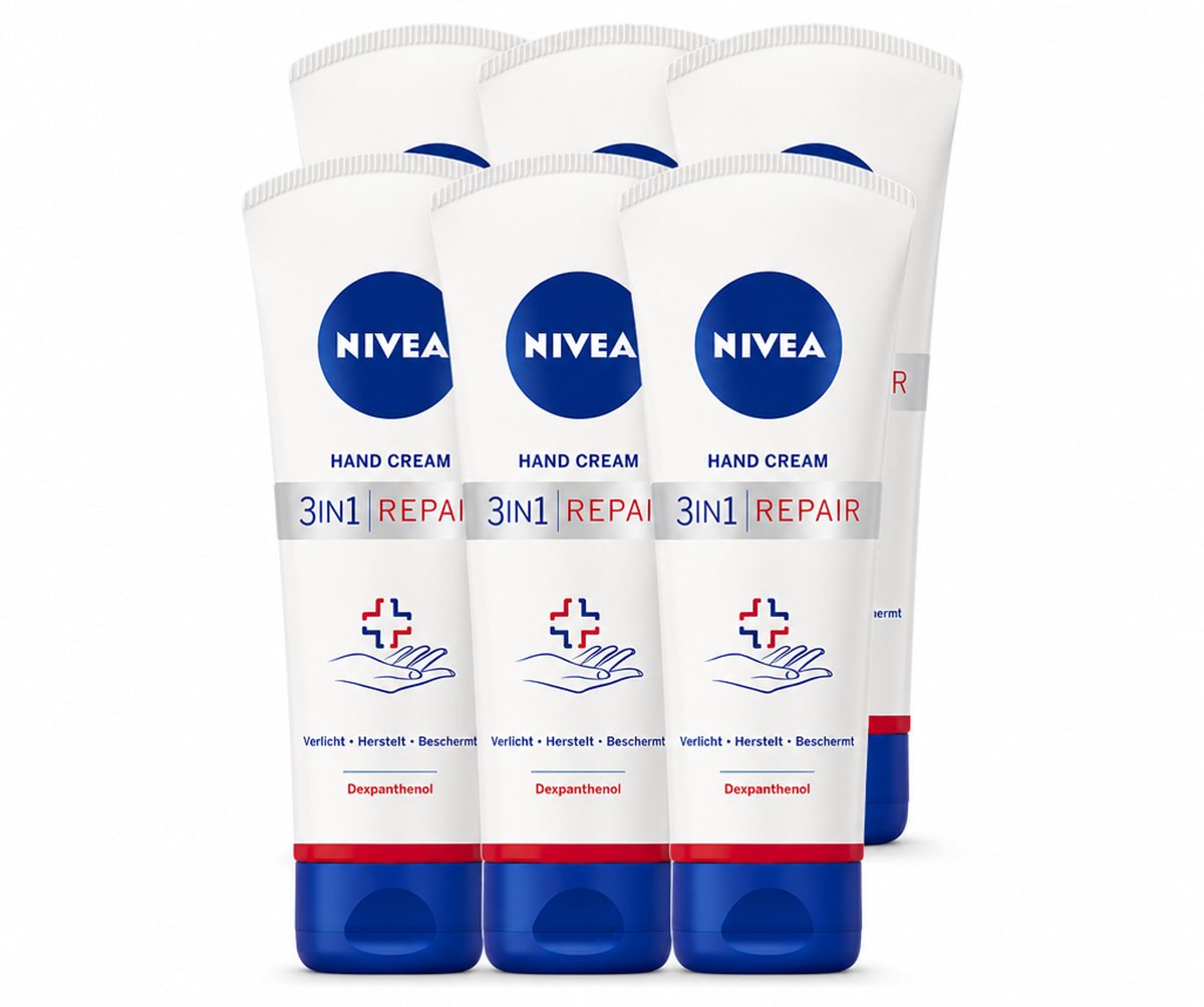 6 x NIVEA - Handcrème - 3-in-1 Herstel - Verlicht - Herstelt - Beschermt - 100 ml - Voordeelverpakking - 6 stuks