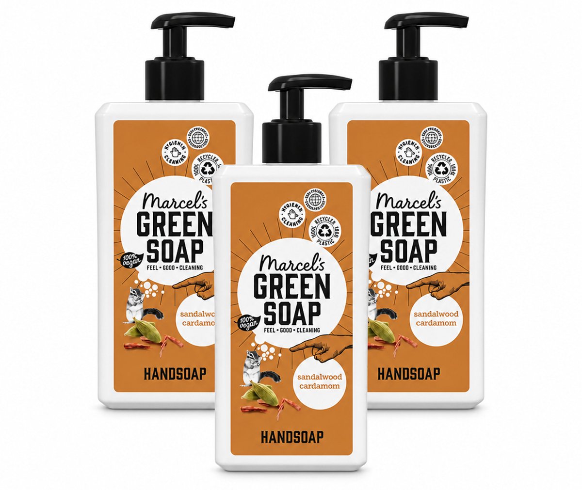 3 x Marcel's Green Soap - Handzeep - Sandelhout & Kardemom - Voor dagelijks gebruik - 500 ml - Bulkverpakking - 3 stuks