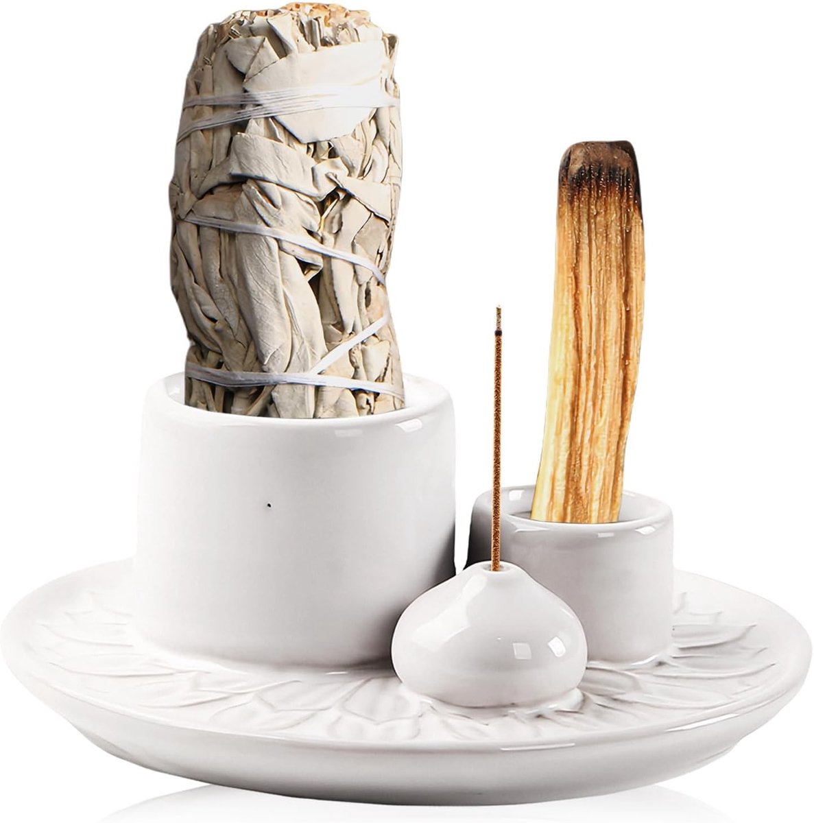 Palo Santo Wierookkom voor Wierookstokjes en Kegels - 4-in-1 Wierookhouder van Keramiek voor Yoga en Meditatie, Wit