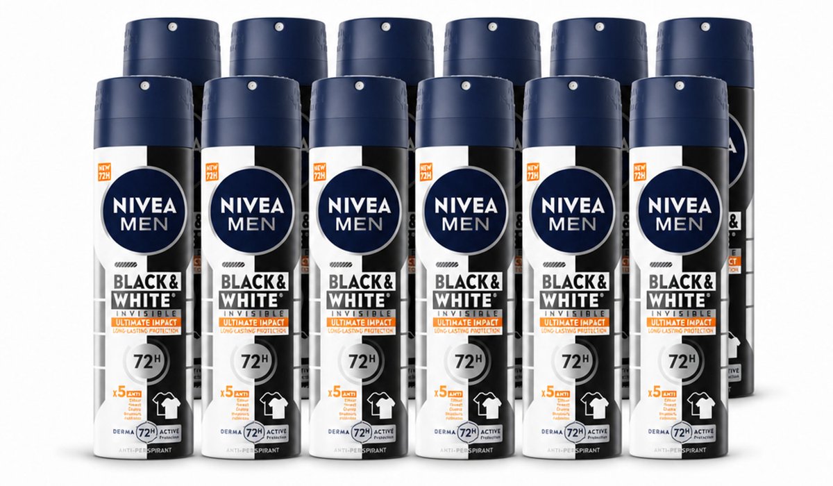 12 x NIVEA MEN - Deodorant Spray - Black & White Ultimate Impact - 150 ml - Voordeelverpakking - 12 stuks