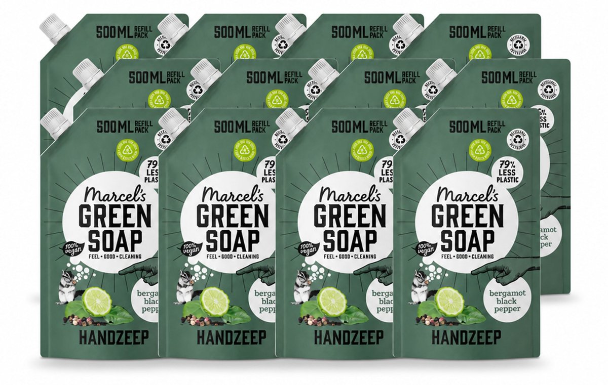12 x Marcel's Green Soap - Handzeep - Bergamot & Black Pepper - Natuurlijke verzorging - 500 ml - Voordeelverpakking - 12 stuks