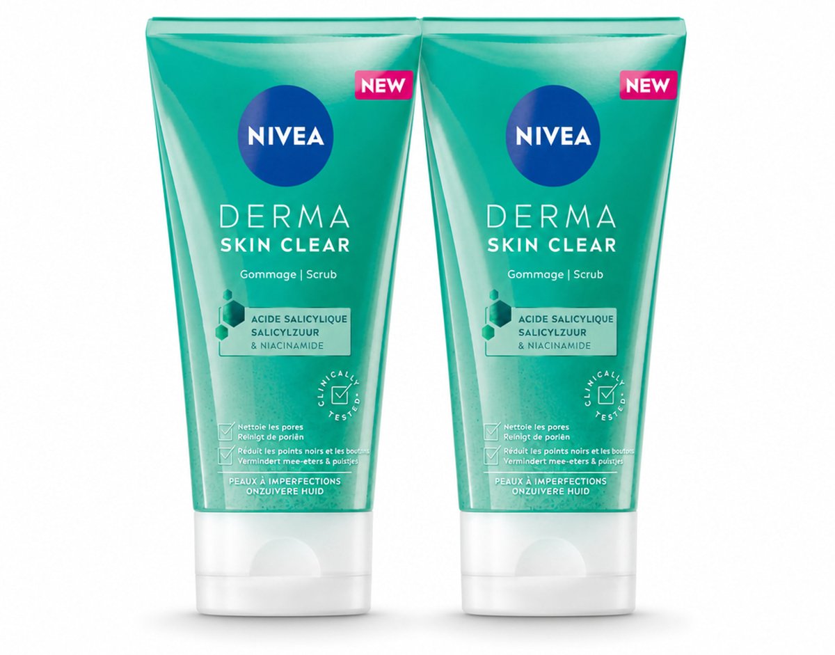 2 x NIVEA - Gezichtsscrub - DERMA Huidzuiver - Voor onzuivere huid - Met Salicylzuur (AHA) & Niacinamide - Tegen Acne & Mee-eters - 150 ml - Bulkverpakking - 2 stuks