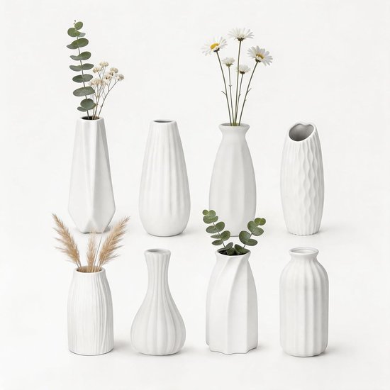 Decoratieve set van 8 kleine vazen van wit keramiek, 15 cm, perfect voor pampasgras, gedroogde bloemen en boho Scandinavische stijl in woonkamer en op tafel