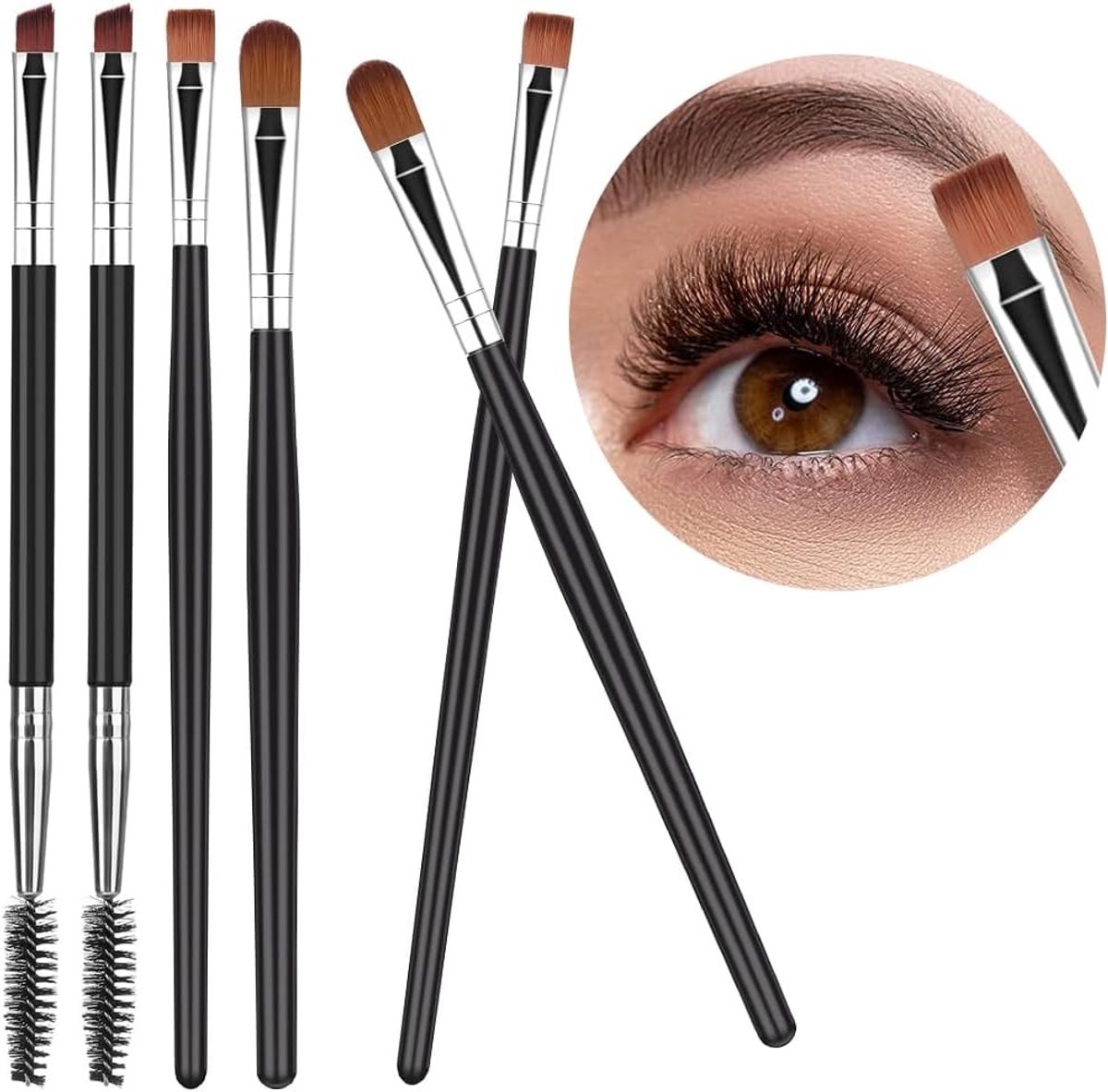 Complete Set van 6 Professionele Oogschaduw- en Wenkbrauwborstels voor Perfecte Make-up en Eyeliner, Inclusief Dubbelzijdige Borstel en Wenkbrauwkam voor Vrouwen
