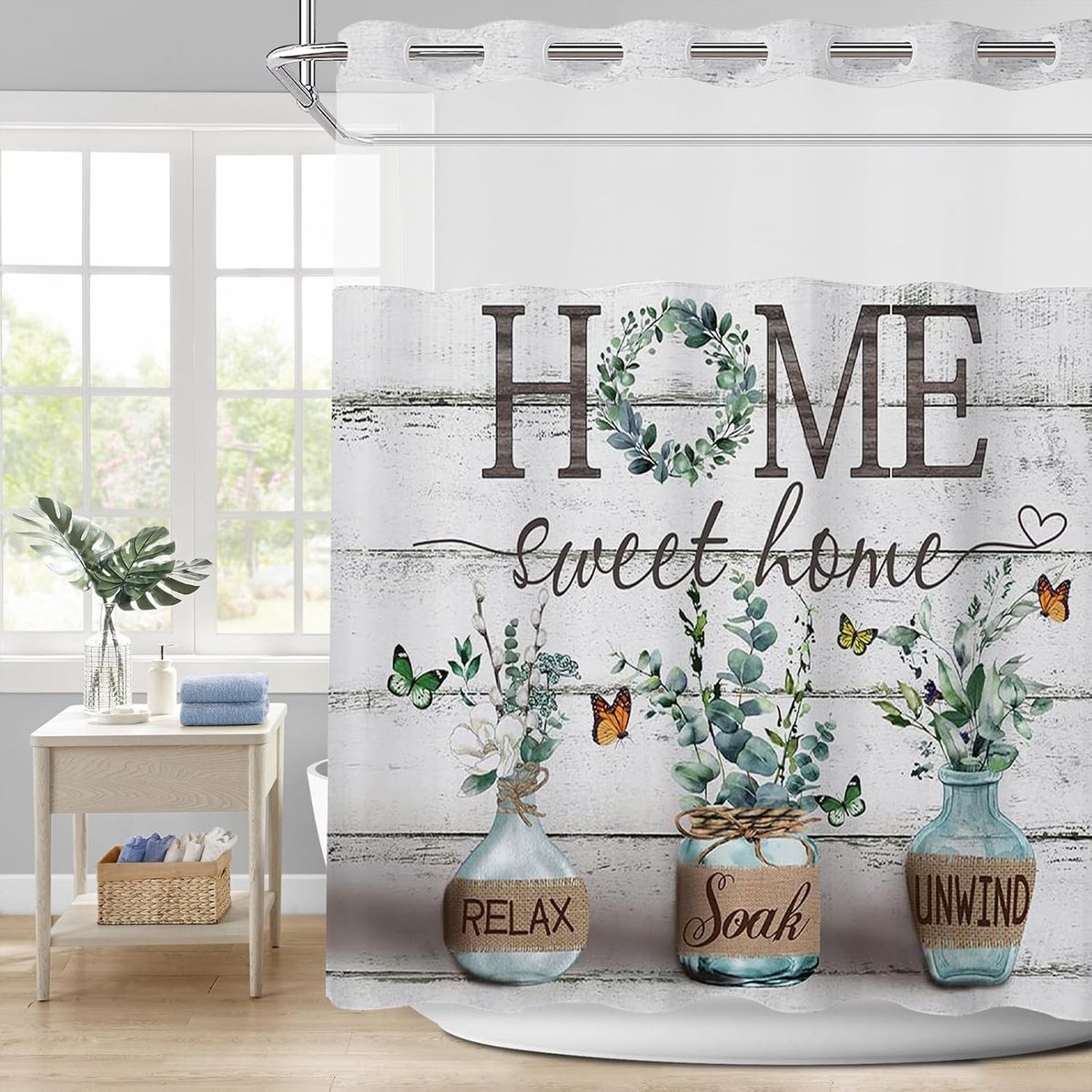 Fauernhof Douchegordijn met Snap-in Voering, Groene Eucalyptus Bladeren, Waterdicht en Translucent Mesh, 180x180cm voor Badkamer Decoratie